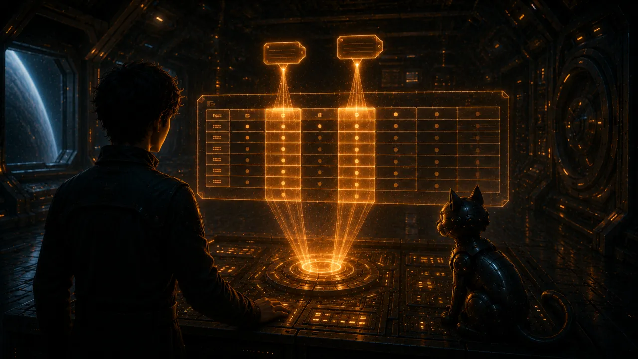 A cadet before a just-opened reading terminal: two selected columns rise out of a holographic table