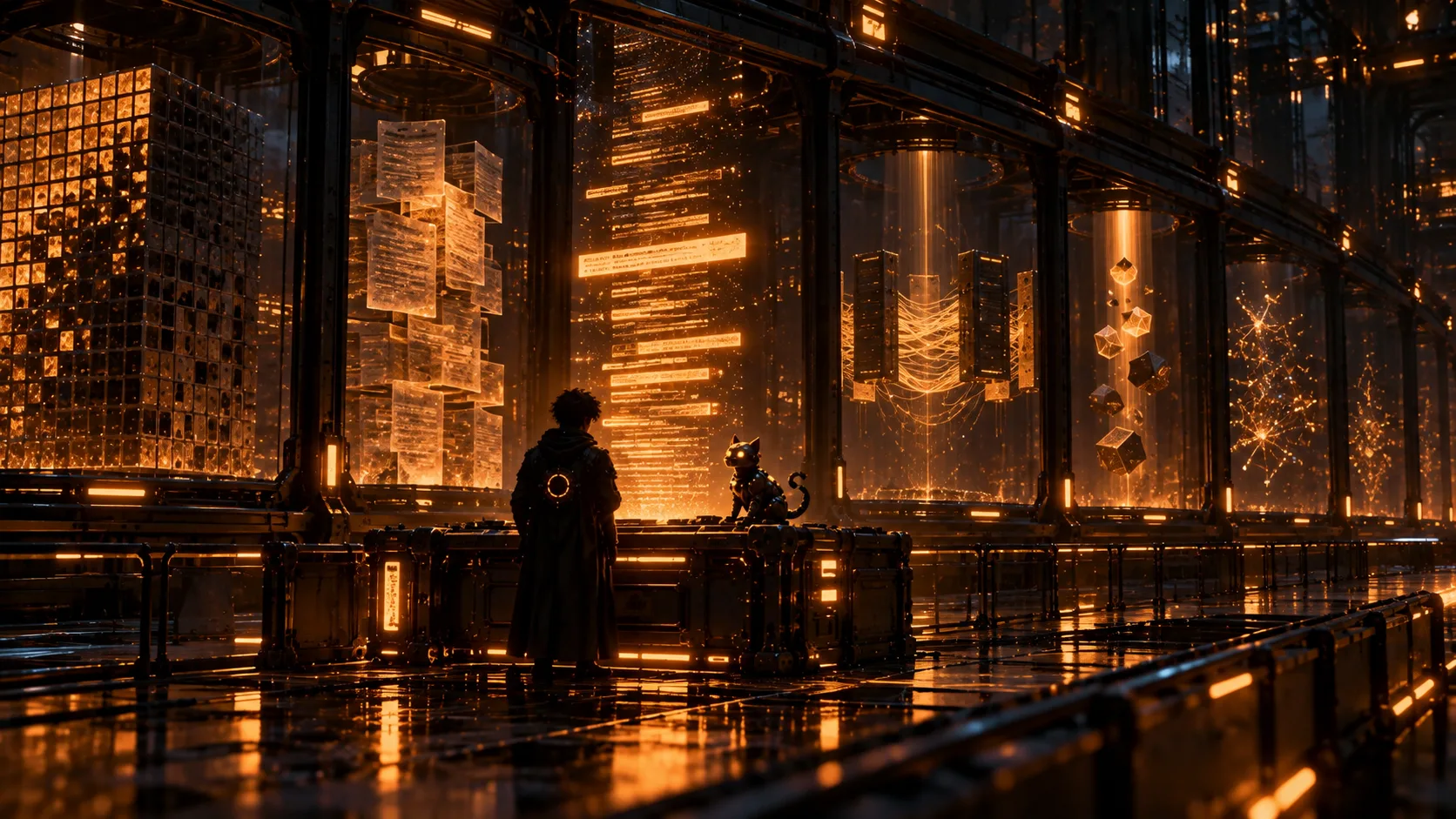 The cadet seen from behind at a holographic log; question-like lines of different brightness drift through the air, while the robot cat sits on the edge of the console