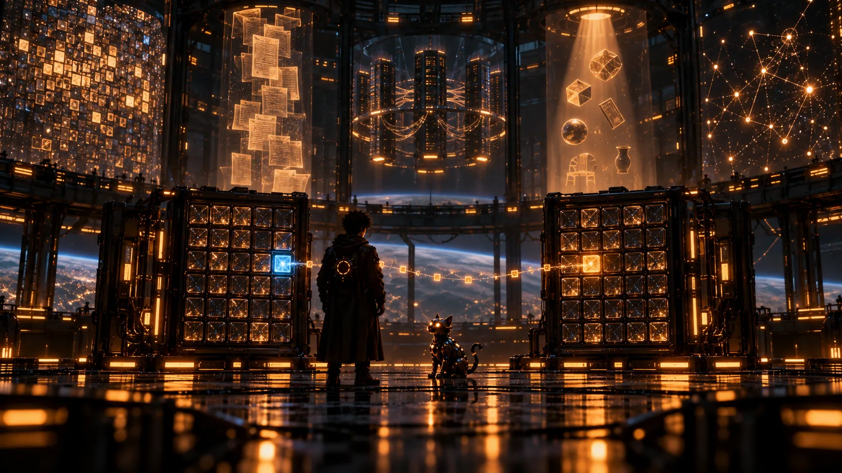 Two identical server racks side by side, with a thin glowing thread running between them; the cadet, seen from behind, looks from one to the other, while the robot cat sits on the floor between them